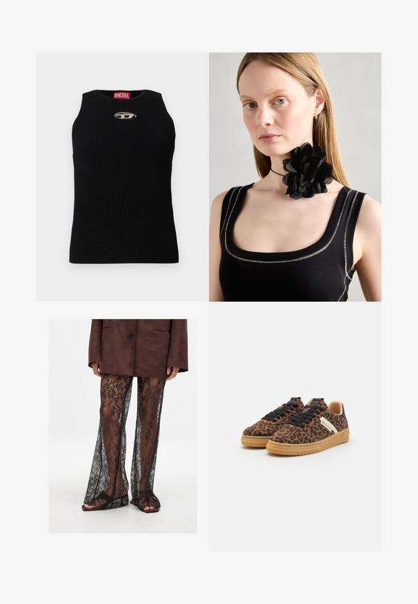 Débardeur noir à côtes avec un décolleté rond, présentant un logo Diesel argenté au centre. Le tissu est texturé et ajusté.; Pantalons évasés en dentelle noire avec un motif floral, texture transparente et ouvertures larges, associés à des sandales à glissière marron.; Une paire de baskets à imprimé léopard marron avec des lacets noirs, des semelles en gomme beige et des accents blancs sur les côtés, sur fond blanc.; Collier en choker de fleurs noires composé de pétales superposés, porté avec un débardeur à côtes noir présentant des accents en argent le long de l'encolure et des épaules.