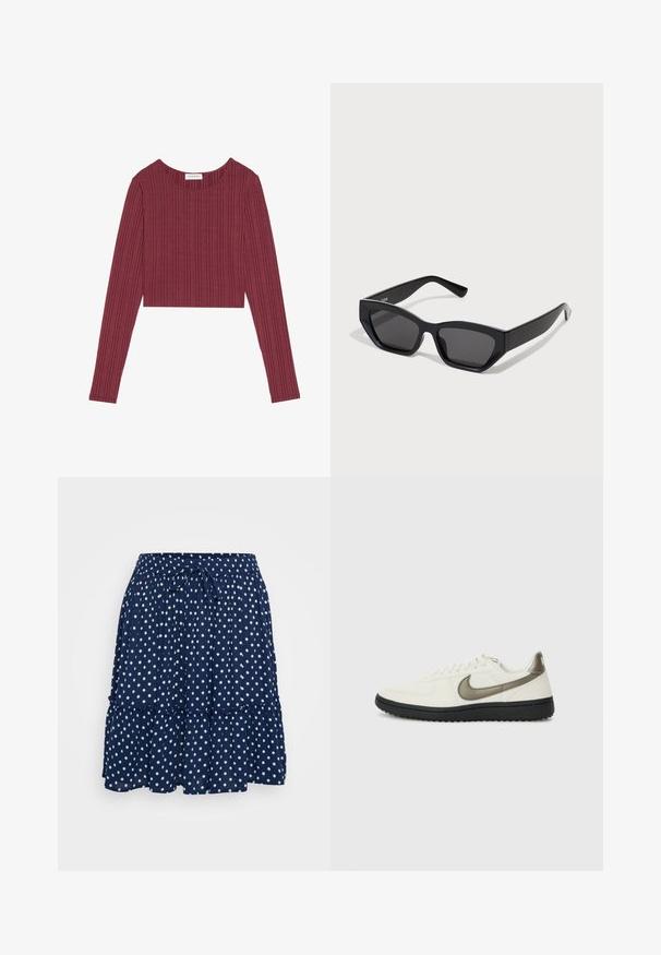 Bordo dolgimi rokavi skrajšan top iz rebraste tkanine z okroglim izrezom in teksturiranimi vertikalnimi črtami, ki ima prilegajočo silhueto.; Mornarško modra, večplasasta krila iz lahkega materiala, okrašena z vzorcem pikic in z nastavljivim pasom za udobno prileganje.; Nike Sportswear FIELD GENERAL - Športni copati - off-white/black; Črne pravokotne sončne očala z debelimi okvirji, temnimi lečami in angularno obliko. Gladek plastičen material brez vidnih vzorcev ali akcentov.