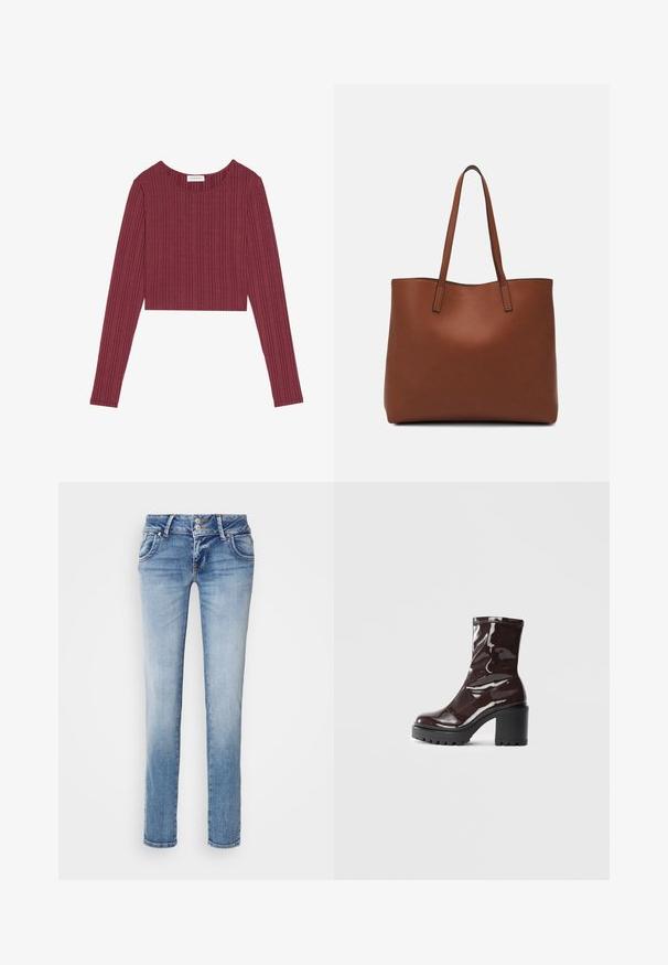 Burgundska dugmadna crop majica dugih rukava od rebraste tkanine s okruglim izrezom i teksturiranim vertikalnim linijama, koja ima prilagođeni siluetu.; Svijetloplave traperice s ravnim krojem, pet džepova, zatvaranje na dvije gumbe i suptilno izblijedjenje, s kontrastnim detaljima šivanja.; Sjajna burgundska čizma do gležnja s debelim crnim potplatom, koja se odlikuje glatkom teksturom i jednostavnim dizajnom. Nema vidljivih kopčanja ili uzoraka.; Smeđa kožna torba preko ramena s glatkom teksturom, otvorenim vrhom i dvjema naramenicama. Ima minimalne šavove i nema vidljivog hardvera.