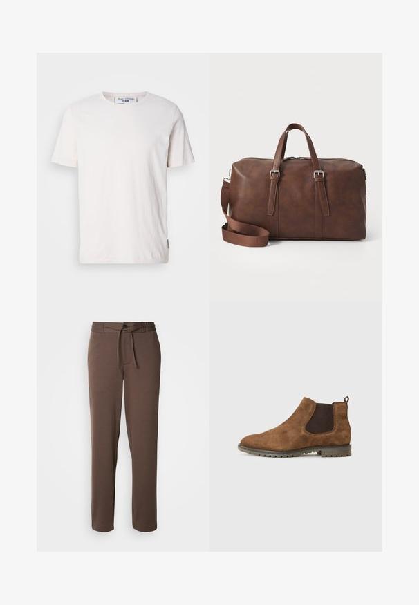 Valge lühikeste varrukatega T-särk peente horisontaalsete triipudega, ümar kaelus, pehme tekstuur ja väike logotag külje peal.; Pruunid dressipüksid, mis on valmistatud pehmest materjalist, omavad sääregummiga vöökohta, nupulukku ning sirgeid jalgu ilma nähtavate mustrite või aksessuaarideta.; Pruun nahast Chelsea saapad elastsete külgpanelide, tõmbeaugu ja tekstuuritud kummitaldaga, millel on haardeks sooned.; Pruun nahast duffel kott ülemiste käepidemete, eemaldatava rihma, lukuga sulgemise ja pikkade pindadega. Minimalistlik disain, kus ei ole nähtavaid logo.