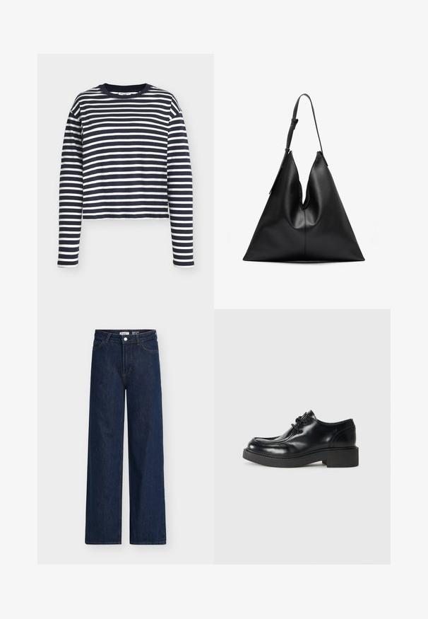 Marineblaue und weiße, gestreifte Langarm-Baumwolloberteil mit Rundhalsausschnitt und kurzem Schnitt. Verfügt über gerade geschnittene Ärmel und eine weiche Textur.; Dunkelblaue Jeans mit weitem Bein und hohem Bund, aus Denim gefertigt. Verfügt über Fronttaschen, Gürtelschlaufen und einen Knopfverschluss. Klassisches Design.; Schwarze Leder-Oxfordschuhe mit runder Zehenform, Schnürdesign und einer dicken schwarzen Gummisohle. Glatte Textur und minimale Nähte.; Schwarze Leder-Taschen mit dreieckiger Form, einem verstellbaren Schultergurt und einer weichen, leicht durchhängenden Struktur.; Goldfarbene Ohrringe in verschiedenen Designs, darunter Stecker, Creolen und hängende Modelle mit Perlen und Strass.