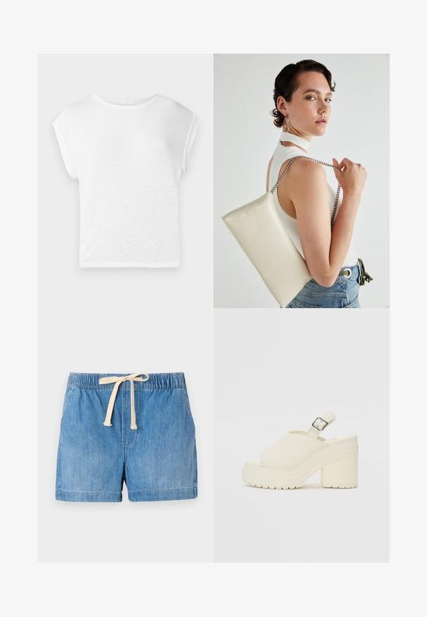White short-sleeve t-shirt with a round neckline. Soft, lightweight fabric, relaxed fit, with cap sleeves and straight hem.; Denim shorts in light blue with an elastic waistband, adjustable beige drawstring, and smooth texture, featuring rolled hems.; White platform shoes with an open toe and slingback strap. Made of textured material, featuring a thick sole with traction patterns.; White rectangular clutch bag made of glossy material, featuring a silver chain strap. Model poses, showcasing the bag against a plain background.