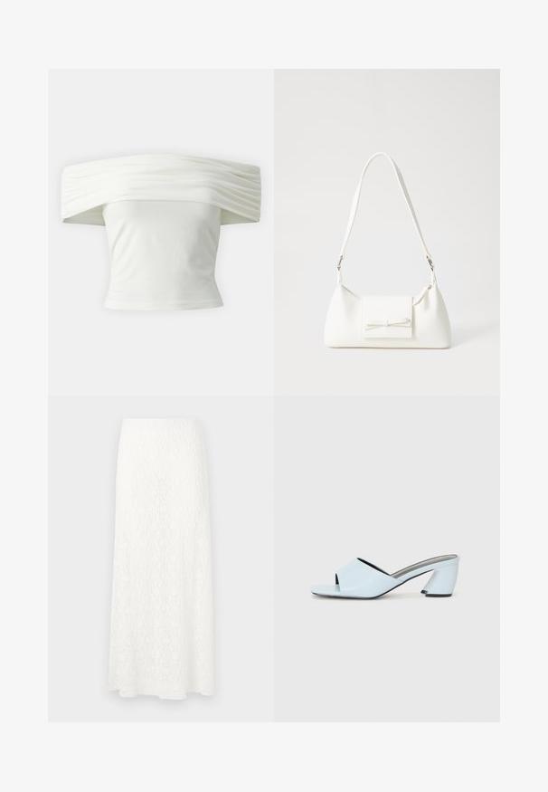 Off-the-shoulder white top with pleated, structured neckline and fitted bodice. Made from soft fabric with a smooth texture.; White lace maxi skirt with a textured pattern, elastic waistband, and a flowy shape. The fabric appears lightweight and airy.; Light blue open-toe heeled mules with a geometric design, featuring a wide strap across the foot and a chunky, angular heel.; White synthetic handbag with a triangular shape, flat front flap and bow detail, adjustable strap, smooth texture, and minimalistic design.
