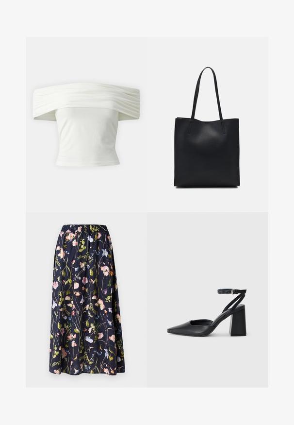 Valkoinen olkaimeton toppi, jossa on laskostettu, rakenteellinen kaula-aukko ja tiukka vartalo. Valmistettu pehmeästä kankaasta, jossa on sileä pinta.; Merenneitoisella kukkakuviolla varustettu tummansininen hame, jossa on joustava vyötärö. Hameessa on erikoisrakenteinen kangas, jossa on vaaleanpunaisia, sinisiä ja vihreitä kukkia.; Mustat nahkakengät, joissa on kapea kärki, nilkkaremmi ja paksu korko. Tasainen pinta, tyylikäs muotoilu ja minimalistinen estetiikka.; Mustapahkainen kangaskassi, jossa on sileä pinta, suorakaiteen muotoinen ja kaksi pitkää kahvaa. Ei näkyvää metalliosaa tai koristeita.