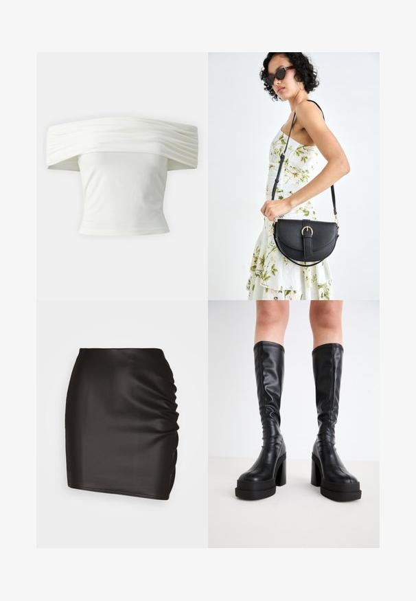 Top branco off-the-shoulder com decote plissado e estruturado e corpete ajustado. Feito de um tecido suave com uma textura lisa.; Mini saia preta feita de um material sintético suave, com detalhes franzidos de um lado e um silhueta ajustada.; Botas pretas até ao joelho, feitas de couro liso, com uma plataforma grossa e um salto bloco, apresentando detalhes cosidos ao longo das bordas.; Bolsa de couro preta com forma curva, alça destacável e detalhes em dourado. A bolsa possui uma aba com detalhe de fivela.