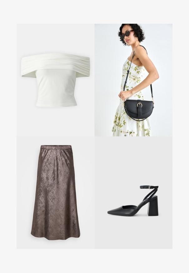 Valkoinen olkaimeton toppi, jossa on laskostettu, rakenteellinen kaula-aukko ja tiukka vartalo. Valmistettu pehmeästä kankaasta, jossa on sileä pinta.; Metallinho tanjakan midi, elastinen vyötärö, sileä rakenne, A-linjainen siluetti, hienovaraisesti heijastava pinta pehmeällä kiillolla.; Mustat nahkakengät, joissa on kapea kärki, nilkkaremmi ja paksu korko. Tasainen pinta, tyylikäs muotoilu ja minimalistinen estetiikka.; Musta nahkainen käsilaukku, joka on kaareva muotoilultaan, irrotettavalla hihnalla ja kultaisilla yksityiskohdilla. Laukussa on läppä, jossa on solk yksityiskohta.