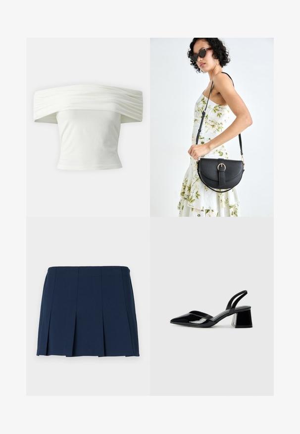 Hvid top med off-shoulder design, plisseret struktureret halsudskæring og tætsiddende liv. Fremstillet af blødt stof med en glat tekstur.; Mørkeblå, plisseret mini nederdel med en lige talje, lavet af et glat stof. Har lodrette syninger langs plisseringerne.; Sorte patentlæder slingback hæle med spids tå og en geometrisk blok hæl. Har et elegant, minimalistisk design og en glat tekstur.; Sort læderhåndtaske med en buet form, aftagelig rem og guldfinish. Tasken har en klap med en spænde detalje.