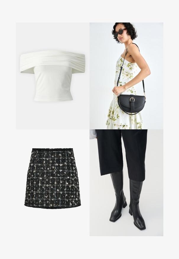 Biała bluzka na ramiączkach z plisowanym, ustrukturyzowanym dekoltem i dopasowanym fasonem. Wykonana z miękkiego materiału o gładkiej teksturze.; Czarna spódnica z tkaniny tweed w kratkę, ozdobiona cekinami i małymi kwiatowymi akcentami, z postrzeganą krawędzią i dopasowanym krojem.; Czarne skórzane botki do kolan z kwadratowym noskiem i blokowym obcasem. Wyposażone w zamek błyskawiczny z boku oraz gładką teksturę.; Czarna skórzana torebka o zakrzywionym kształcie, z odpinanym paskiem i złotymi akcentami. Torebka posiada klapę z zapięciem w kształcie klamry.; Srebrne kolczyki w kształcie obręczy o gładkim, okrągłym designie, charakteryzujące się gładką powierzchnią i brakiem widocznych ozdób. Średnica nieokreślona.