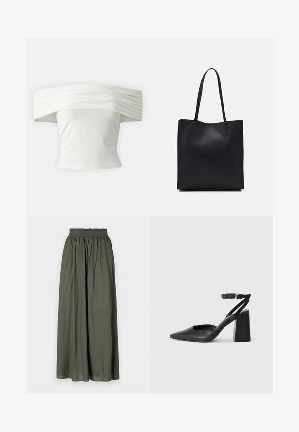 Õlavarrelt avatud valge topp, millel on volditud, struktureeritud kaelus ja istuv bodi. Valmistatud pehmest kangast, millel on sile tekstuur.; Tumedast rohelisest maksihame kerge kangast, millel on kogutud elastne vöökoht ja voogav disain voldikutega.; Mustmustest must-käigukingad, millel on konksuga nöör ja paks konts. Ühtlane tekstuur, stiilne disain ja minimalistlik esteetika.; Mustast nahast kott sujuva tekstuuriga, ristkülikukujuline ja kahe pika sangaga. Pole nähtavat riistvara ega kaunistusi.