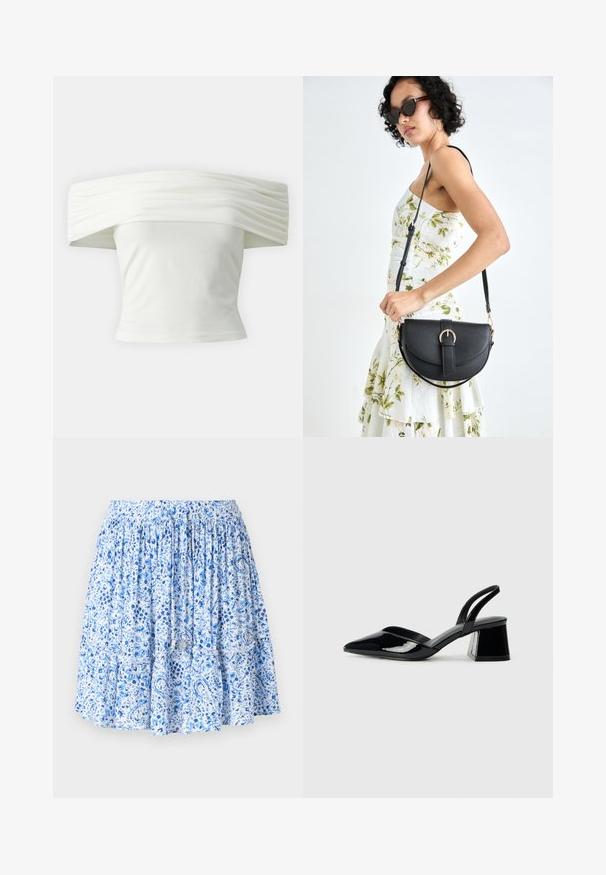 Schulterfreies weißes Oberteil mit gepufftem, strukturiertem Halsausschnitt und tailliertem Oberteil. Hergestellt aus weichsam Stoff mit glatter Textur.; Helles blaues Kleid mit einem blumenförmigen und paisleyartigen Muster, gerafftem elastischem Bund, gestuften Rüschen und Zugbändern mit metallischen Enden.; Schwarze Lackleder-Slingback-High Heels mit spitzem Schuh und einem geometrischen Blockabsatz. Verfügt über ein schlankes, minimalistisches Design und eine glatte Textur.; Schwarze Lederhandtasche mit geschwungener Form, abnehmbarem Tragegurt und goldenen Beschlägen. Die Tasche verfügt über einen Deckel mit einer Schnallen-Details.