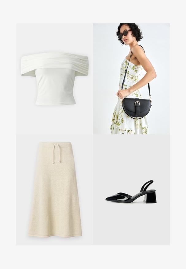 Bluză albă cu umerii la vedere, cu guler plisat și structurat, și bust ajustat. Realizată dintr-un material moale, cu o textură netedă.; Fustă tricotată până la genunchi, de culoare crem, cu o textură moale, talie cu șnur și siluetă evazată. Design minimal, fără modele sau embellishments.; Pantofi cu toc slingback din piele lacuită neagră, cu vârf ascuțit și toc geometric. Prezintă un design elegant, minimalist și o textură netedă.; Geantă din piele neagră, cu o formă curbată, curea detașabilă și accesorii aurii. Geanta are un capac cu un detaliu tip cataramă.