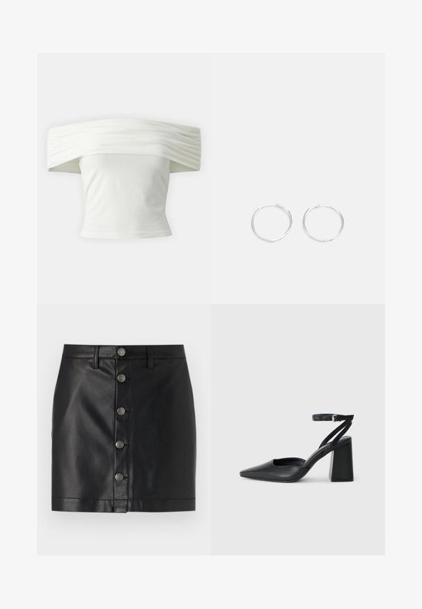 Top blanco sin mangas con cuello estructurado y plisado, y un torso ajustado. Confeccionado en un tejido suave con una textura lisa.; Falda de cuero negro con un diseño ajustado, que presenta cinco botones de metal plateado en la parte delantera y un dobladillo recto. Textura suave.; Zapato de tacón puntiagudo de cuero negro con tira en el tobillo y tacón ancho. Textura plana, diseño elegante y estética minimalista.; Pendientes aros de plata con un diseño redondo y elegante, que presentan una superficie lisa y sin adornos visibles. Diámetro no especificado.