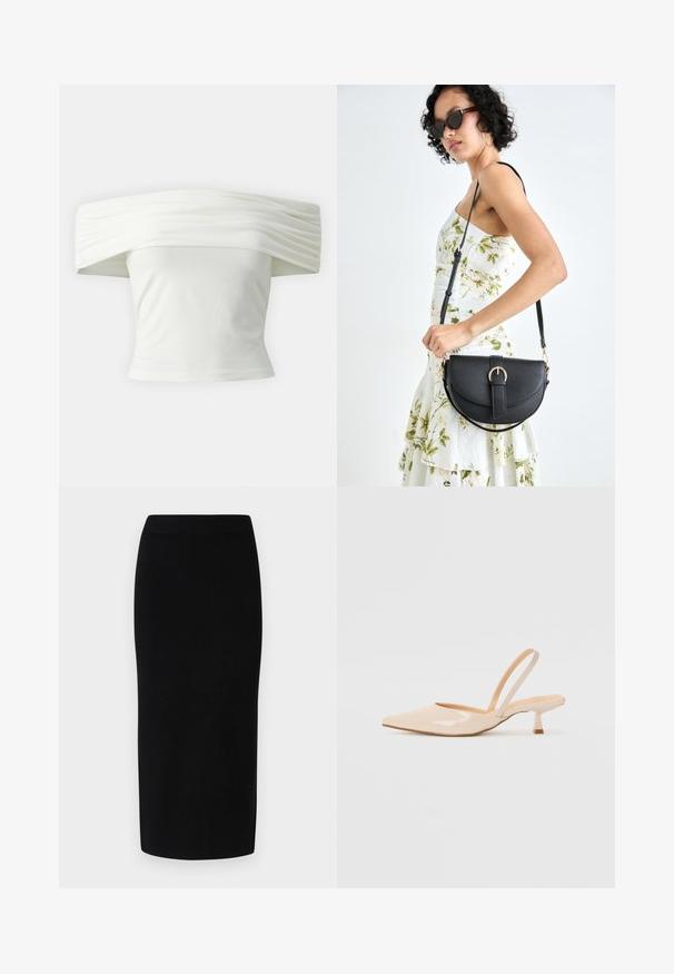 Off-shoulder vit topp med plisserad, strukturerad halsringning och åtsittande midja. Tillverkad av mjukt tyg med en slät yta.; Svart stickad midikjol med en figurnära silhuett, som har ett brett elastiskt midjeband och en slät yta, utan märkbara mönster eller detaljer.; Beiga patenterade läderkilklackar med spetsig tå och en smal, fyrkantig klack. Slät yta och minimalistisk design utan utsmyckningar.; Svart läderhandväska med en böjd form, avtagbar rem och guldiga detaljer. Väskan har ett lock med en spänndetalj.