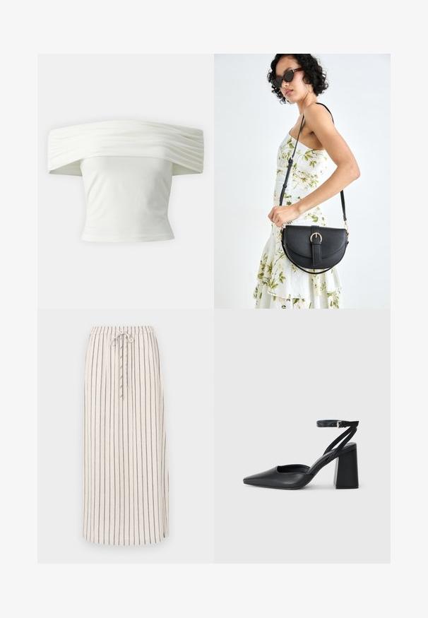Bluză albă cu umerii la vedere, cu guler plisat și structurat, și bust ajustat. Realizată dintr-un material moale, cu o textură netedă.; Fustă din in bej deschis cu dungi verticale închise, cu talie elastică și șnur de ajustare. Prezintă o deschidere laterală la tiv pentru a facilita mișcarea.; Pantofii cu toc ascuțit din piele neagră, cu breteaua pentru glezne și toc gros. Textură netedă, design elegant și estetică minimală.; Geantă din piele neagră, cu o formă curbată, curea detașabilă și accesorii aurii. Geanta are un capac cu un detaliu tip cataramă.