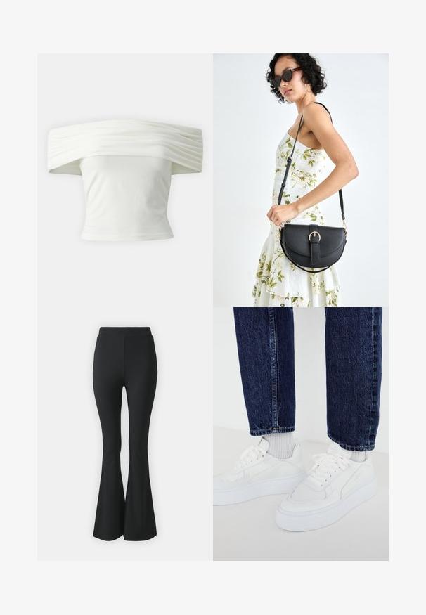 Õlavarrelt avatud valge topp, millel on volditud, struktureeritud kaelus ja istuv bodi. Valmistatud pehmest kangast, millel on sile tekstuur.; Mustast lõtvuvate pükste, mis on valmistatud venivast kangast. Omab kõrget vööd ja sujuvat, keha järgivat disaini, mis laieneb põlve alt allapoole.; Valged tenniset, millel on tekstuuriga disain ja paksud tallad, kombineeritud heledate hallide sooniksockide ja tumehallide teksadega.; Mustmust mustraha kõverate joontega, eemaldatava rihmaga ja kuldsete detailidega. Kotil on klapp, millel on pandladetail.