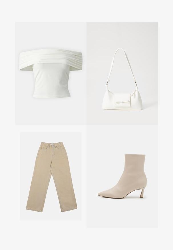 Balta blūze ar atvērtām plecu daļām un plēktām, strukturētām kakla izgriezumiem, kā arī pieguļošu modeli. Izgatavota no mīksta auduma ar gludu tekstūru.; Beige platuma kāju bikses, kas izgatavotas no denima, ar augstu jostasvietu, priekšējām kabatām un kontrastējošiem šuvēm. Dizainā ir iekļauta pogu aizdares sistēma.; Steve Madden LULAH - Puszābaki - bone; Balta sintētiska soma ar trīsstūrveida formu, plakanu priekšējo vāciņu un loku detaļu, regulējamu siksnu, gludu tekstūru un minimālistisku dizainu.