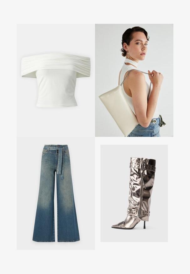 Off-the-shoulder white top with pleated, structured neckline and fitted bodice. Made from soft fabric with a smooth texture.; Wide-leg denim trousers featuring a light to dark blue gradient, high waist, belt loops, and a matching fabric belt. Textured denim finish.; Metallic knee-high boot with a slim stiletto heel, pointed toe, zip closure, and studded buckle straps. Features a wrinkled texture.; White rectangular clutch bag made of glossy material, featuring a silver chain strap. Model poses, showcasing the bag against a plain background.
