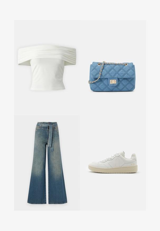 Bijela majica s nedovoljno ramena s nabranim, strukturiranim izrezom i uskim tijelom. Izrađena od mekanog materijala s glatkom teksturom.; Široke traperice s gradijentom od svijetloplave do tamnoplave, visokog struka, petljama za remen i remenom od istog materijala. Teksturirana traper tkanina.; Bijele kožne tenisice s perforiranim prednjim dijelom, kontrastnom bež gumenom potplatu i logotipom na strani i peti. Minimalistički dizajn.; ONLY ONLFLORENCE CROSSBODY BAG - Torba preko tijela - blue denim/gold