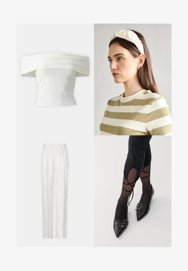 Váll alatt viselhető fehér blúz, redőzött, struktúrált dekoltázzsal és szabott, testhezálló fazonnal. Puha anyagból készült, sima textúrával.; Fehér csíkozott nadrág, egyenes lábformával, könnyű anyagból készült. Elöl plisszírozott rész és hagyományos derékszíj jellemzi.; Fekete, hegyes orrú lapos cipők, bőrből, három fémcsattal és sima felülettel, áttetsző fekete harisnyával viselve.; Krém színű párnázott fejpánt csavaros kivitelezéssel, bézs és fehér csíkos pólóval párosítva, kerek nyakkivágással. Diszkrét ékszer kiegészítők.