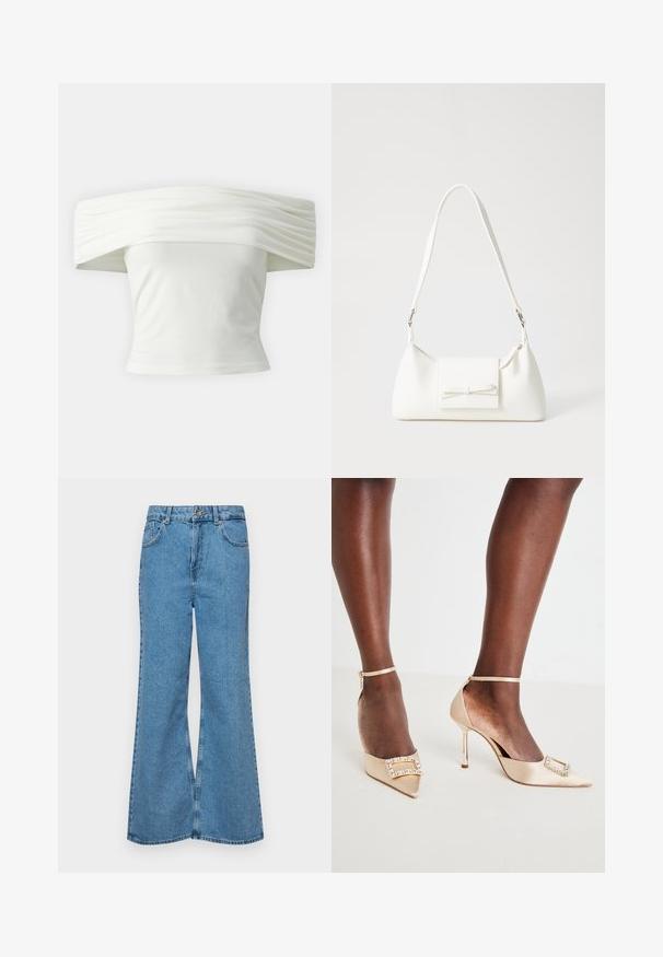 Váll alatt viselhető fehér blúz, redőzött, struktúrált dekoltázzsal és szabott, testhezálló fazonnal. Puha anyagból készült, sima textúrával.; Világoskék, trapézszárú farmernadrág, magas derékkal, öt zsebbel és egy gombos záródással. Puha tapintású, magasított effektusú anyag.; Beige selyem magassarkú cipők hegyes orral, ékszeres csattal és boka pánttal. Fényes stiletto sarkak.; Fehér szintetikus kézitáska, háromszög alakú, lapos előlap, masni részlettel, állítható pánttal, sima textúrával és minimalista dizájnnal.