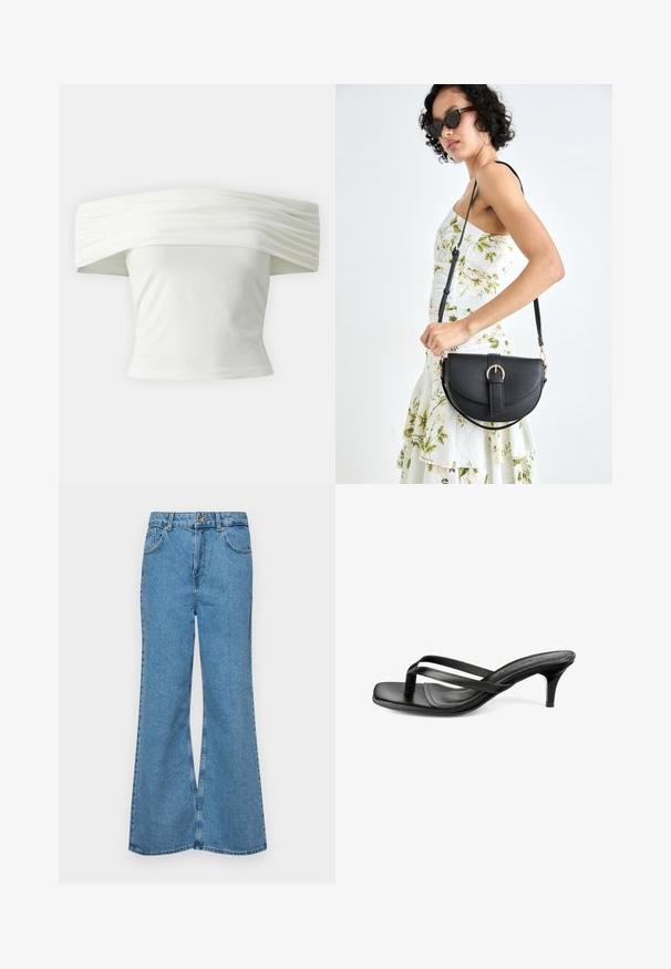 Váll alatt viselhető fehér blúz, redőzött, struktúrált dekoltázzsal és szabott, testhezálló fazonnal. Puha anyagból készült, sima textúrával.; Világoskék, trapézszárú farmernadrág, magas derékkal, öt zsebbel és egy gombos záródással. Puha tapintású, magasított effektusú anyag.; Fekete bőr pántos szandál vékony keresztpántokkal, négyzetes orral, párnázott talppal és alacsony stiletto sarokkal fehér háttér előtt.; Fekete bőrtáska ívelt formával, levehető pánttal és arany színű fémrészekkel. A táskán egy csattal díszített fedél található.