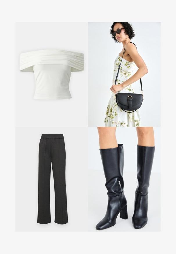 Biely top bez ramienok s prešívaným, strukturovaným dekoltom a priliehavým telom. Vyrobený z mäkkej látky s hladkou textúrou.; Čierne nohavice s rovnými nohavicami a elastickým pásom, s prednými záhybmi, z mäkkej látky, bez viditeľných vzorov alebo kovových detailov.; Steve Madden SPEEDWAY - Čižmy - black; Čierna kožená kabelka s zaobleným tvarom, odnímateľným popruhom a zlatými doplnkami. Kabelka má klopu s detailom s prackou.; Strieborné kruhové náušnice s hladkým, okrúhlym dizajnom a lesklým povrchom. Sú tenké a ľahké, s jednoduchým uzáverom.