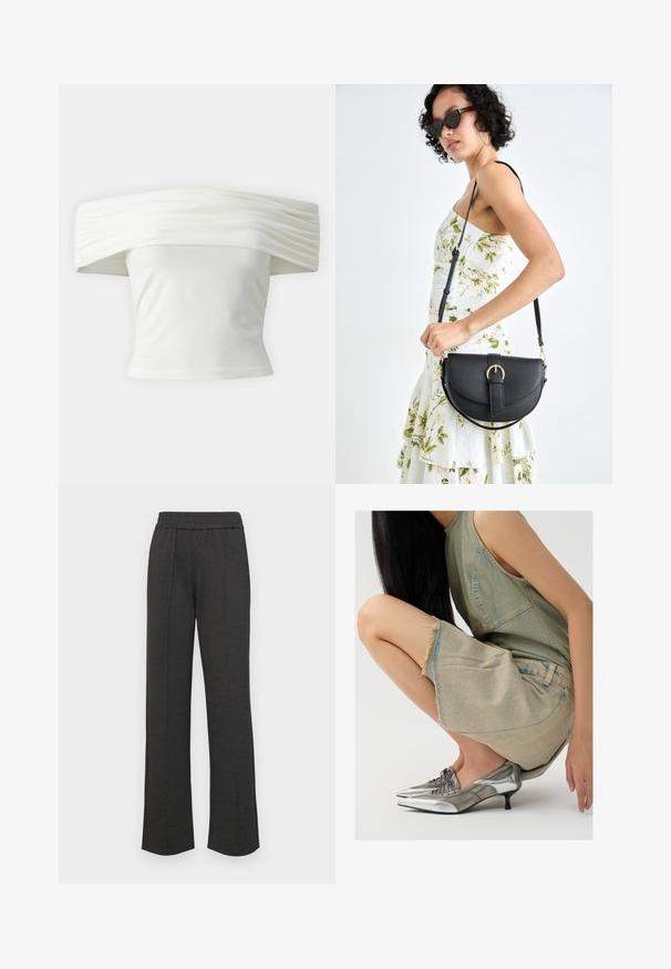 Bílý top s odhalenými rameny, s plisovaným, strukturovaným výstřihem a přiléhavým živůtkem. Vyrobeno z měkké tkaniny s hladkou texturou.; Černé kalhoty rovného střihu s elastickým pasem, předními záhyby, měkkým materiálem a bez viditelných vzorů či kovových detailů.; Vagabond LYKKE - Šněrovací lodičky - silver/greige; Černá kožená kabelka s křivkovým tvarem, odnímatelným popruhem a zlatými detaily. Kabelka má klopu s přezkou.