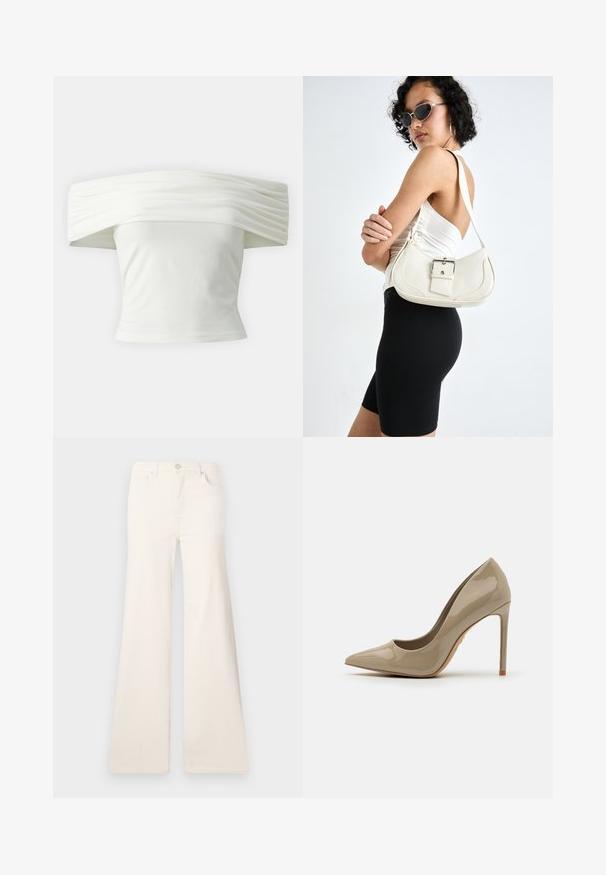 Off-the-shoulder white top with pleated, structured neckline and fitted bodice. Made from soft fabric with a smooth texture.; ONLY ONLMADISON WIDE - Wide Leg - ecru; Beige patent leather high heel shoe with a pointed toe, sleek silhouette, and a stiletto heel. Smooth texture with minimal detailing.; White leather handbag with a curved shape, adjustable strap, and a small buckle detail. Model wears a fitted black outfit.
