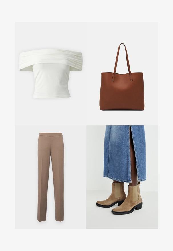 Bluză albă cu umerii la vedere, cu guler plisat și structurat, și bust ajustat. Realizată dintr-un material moale, cu o textură netedă.; Pantaloni maro, ajustați, dintr-un material neted și elastic. Picioare drepte și un talie plată fără accesorii vizibile sau buzunare.; Botine din suede, de culoare bej, cu panouri laterale elastice și toc bloc negru. Purtați cu o fustă din denim ușor albastră, cu un slit lateral.; Geantă de umăr din piele maro cu o textură netedă, design cu vârf deschis și două curele pentru umăr. Prezintă cusături minime și fără componente metalice vizibile.