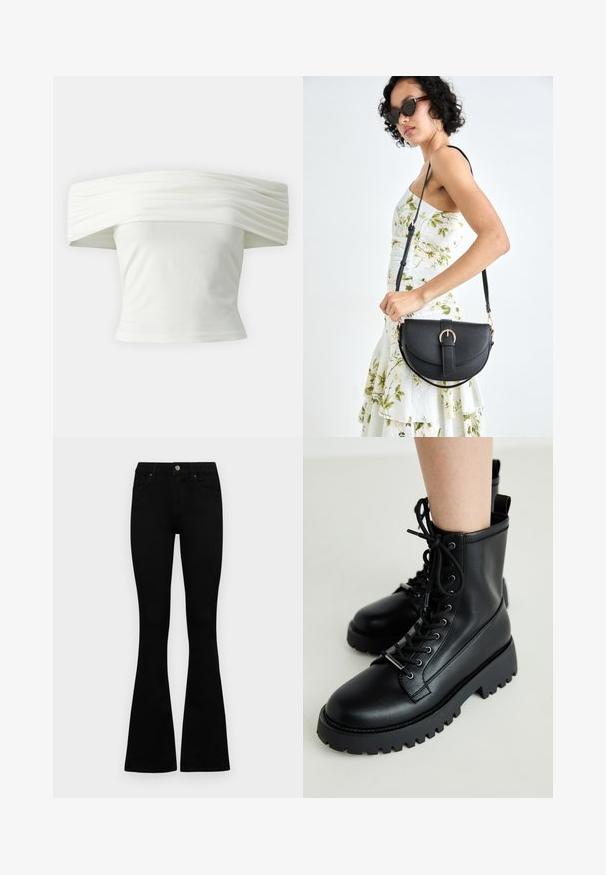 Váll alatt viselhető fehér blúz, redőzött, struktúrált dekoltázzsal és szabott, testhezálló fazonnal. Puha anyagból készült, sima textúrával.; Fekete, magas derekú farmernadrág gomb- és cipzárzárral, elülső zsebekkel és harangszárral, laposan egy fehér háttérre terítve.; Fekete, sima bőrből készült, fűzős bokacsizma. Vastag gumitalp, mély barázdákkal. A saroknál található egy hurok az egyszerűbb felhúzás érdekében.; Fekete bőrtáska ívelt formával, levehető pánttal és arany színű fémrészekkel. A táskán egy csattal díszített fedél található.