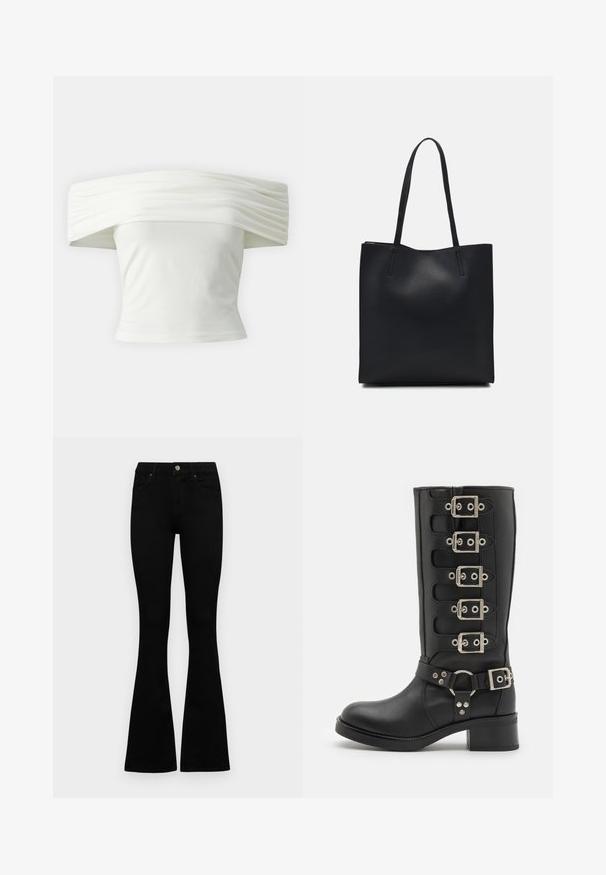 Balta blūze ar atvērtām plecu daļām un plēktām, strukturētām kakla izgriezumiem, kā arī pieguļošu modeli. Izgatavota no mīksta auduma ar gludu tekstūru.; Melni augsta jostas šorti ar pogu un rāvējslēdzēju, priekšējām kabatām un izplestām kājām, nolikti uz balta fona.; Melni ceļgalu zābaki, kas izgatavoti no gludas ādas, ar sešām sudraba sprādzēm, plašu siksnu ar O-gredzenu un izturīgu bloku papēdi.; Melnas ādas somiņa ar gludu tekstūru, taisnstūra formu un divām garām rokturiem. Nav redzamu aparatūras vai rotājumu.