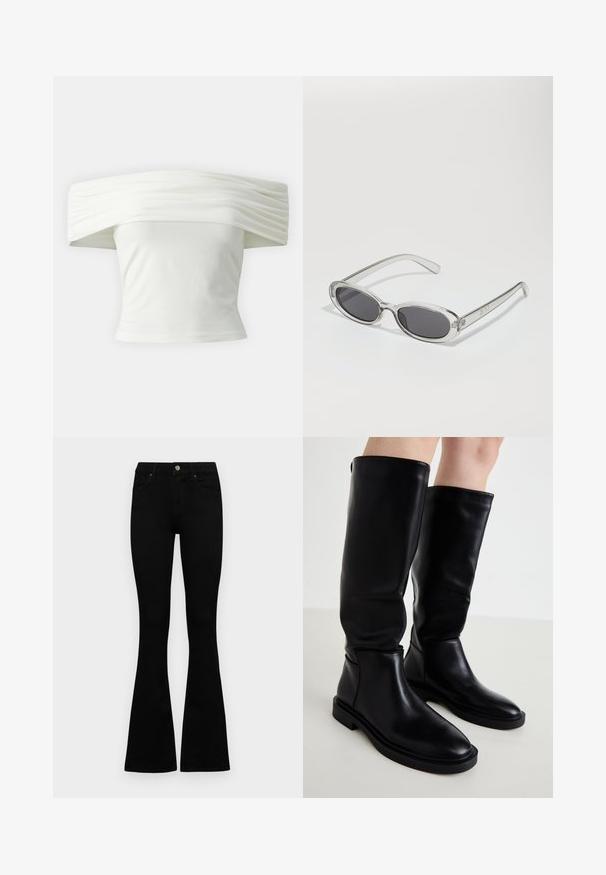 Bluză albă cu umerii la vedere, cu guler plisat și structurat, și bust ajustat. Realizată dintr-un material moale, cu o textură netedă.; Jeans negri cu talie înaltă, cu închidere prin nasture și fermoar, buzunare frontale și picioare evazate, așezați pe un fundal alb.; Botine negre până la genunchi, fabricate din piele netedă, cu vârf rotund, design minimalistic și talpă plată din cauciuc. Detalii cusute pe laterale.; Ochelari de soare cu formă ovală, ramă din plastic transparent, lentile gri închis și brațe subțiri transparente cu accente de logo și detalii minime.; Geantă din piele neagră, cu o formă curbată, curea detașabilă și accesorii aurii. Geanta are un capac cu un detaliu tip cataramă.