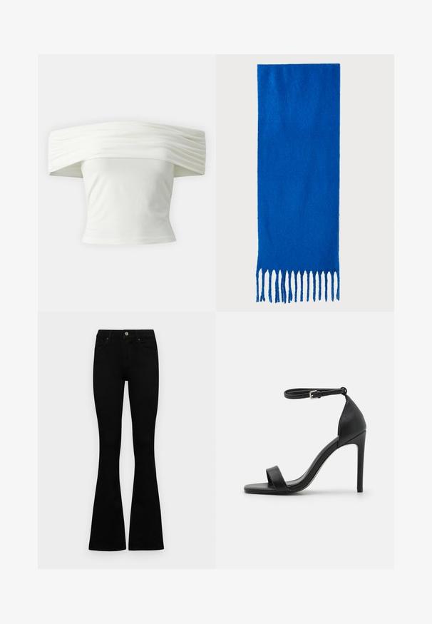Top branco off-the-shoulder com decote plissado e estruturado e corpete ajustado. Feito de um tecido suave com uma textura lisa.; Jeans pretos de cintura alta com fecho de botão e zíper, bolsos frontais e pernas largas dispostos em cima de um fundo branco.; Sandália de salto alto preta com um design elegante, apresentando uma tira no tornozelo, biqueira aberta e textura de couro lisinha.; Cachecol azul com franjas, feito de tecido macio; apresenta uma cor sólida com uma superfície texturizada e franjas cortadas de forma uniforme na parte inferior.