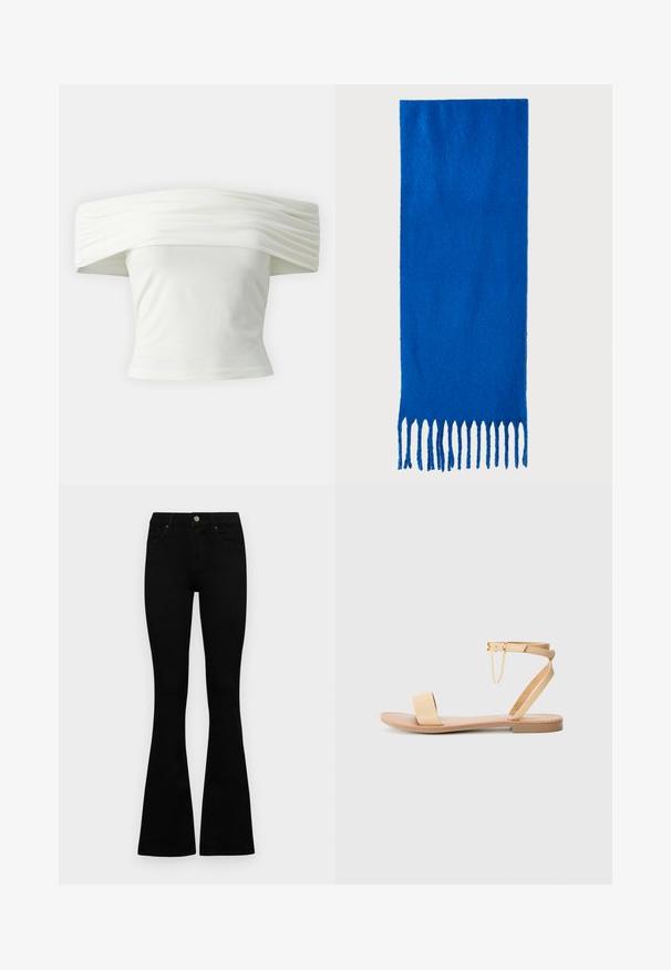 Bijela majica s nedovoljno ramena s nabranim, strukturiranim izrezom i uskim tijelom. Izrađena od mekanog materijala s glatkom teksturom.; Crne traperice viskog struka s kopčanjem na gumb i rajfeslusu, prednjim džepovima i širom nogavicama položene su ravno na bijeloj pozadini.; Bež ravne sandale s jednim širokim remenom, remenom oko gležnja sa kopčanjem i dekorativnim lancem. Glatka kožna tekstura i ravni potplat.; Plava šal od mekog materijala; sadrži jednobojnu boju s teksturiranom površinom i ravnomjerno rezanim resicama na dnu.; Crna kožna torba s lukovitim oblikom, odvojivim remenom i zlatnim detaljima. Torba ima preklop s kopčom.
