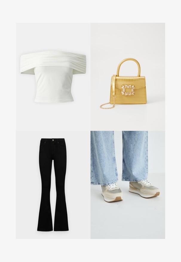 Valkoinen olkaimeton toppi, jossa on laskostettu, rakenteellinen kaula-aukko ja tiukka vartalo. Valmistettu pehmeästä kankaasta, jossa on sileä pinta.; Mustat korkeavyötäröiset farkut nappi- ja vetskariyläosalla, etutaskuilla ja levenevillä lahkeilla, asetettuna tasaisesti valkoista taustaa vasten.; Beige ja harmaat tennarit, joissa on sekoitus mokkaa ja heijastavaa materiaalia, valkoiset nauhat, kumipohja ja teksturoidut yksityiskohdat. Yhdistetty vaaleansinisiin farkkuihin.; Keltainen keinonahkainen krokotiililaukku, jossa on jämäkkä muotoilu, yläkahva, irrotettava ketjusanka ja koristeellinen kristallikoristelu lukossa.