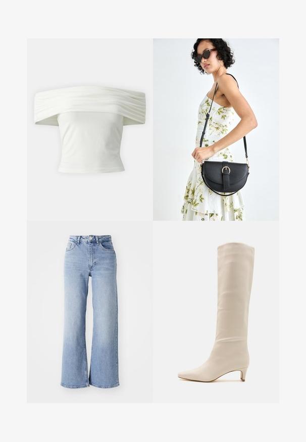 Haut blanc décolleté avec un col structuré plissé et un buste ajusté. Fabriqué en tissu doux avec une texture lisse.; Jean à taille haute, large et bleu clair, avec poches avant et arrière, fermeture à bouton et nuances subtiles d'usure sur les cuisses et les ourlets.; RAID LAYLA - Bottes - off white; Sac à main en cuir noir avec une forme courbée, bandoulière amovible et des accessoires en or. Le sac est doté d'un rabat avec un détail de boucle.