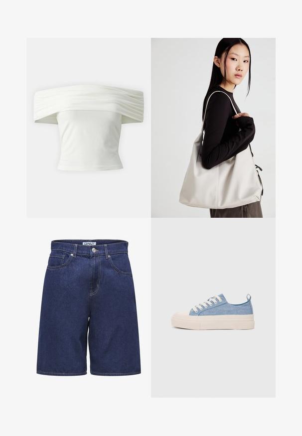 Balta blūze ar atvērtām plecu daļām un plēktām, strukturētām kakla izgriezumiem, kā arī pieguļošu modeli. Izgatavota no mīksta auduma ar gludu tekstūru.; Tumši zili džinsu šorti ar klasisku piecu kabatu dizainu. Iezīmēti ar sudraba pogu un kontrastējošu dzeltenu diegu gar šuvi.; Gaiši zili kanvas sneakeri ar krēmkrāsas gumijas pirksta aizsargu un ārējo zoli, aprīkoti ar baltām šņorēm un cilpu uz papēža.; Bežs rokassoma, izgatavota no mīksta materiāla, ar brīvu dizainu, izšūtu apdari un divām plecu siksnām. Piemērota ikdienas lietošanai.