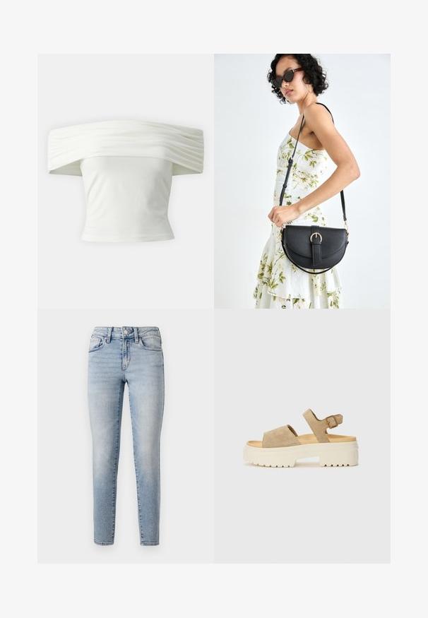 Váll alatt viselhető fehér blúz, redőzött, struktúrált dekoltázzsal és szabott, testhezálló fazonnal. Puha anyagból készült, sima textúrával.; Világoskék farmernadrág, slim fit szabással, öt zsebes kialakítással, elöl gombos záródással és finom elhalványulással a lábak mentén.; Világos bézs velúr szandál széles pánttal és állítható bokapánttal. Tömeges fehér talp, texturált mintázattal a grip érdekében.; Fekete bőrtáska ívelt formával, levehető pánttal és arany színű fémrészekkel. A táskán egy csattal díszített fedél található.
