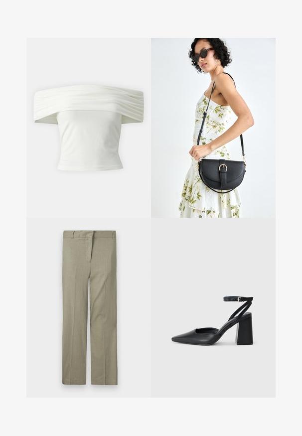 Bílý top s odhalenými rameny, s plisovaným, strukturovaným výstřihem a přiléhavým živůtkem. Vyrobeno z měkké tkaniny s hladkou texturou.; Svetle olivově zelené kalhoty, přiléhavý střih, s plochým předním dílem, dvěma bočními kapsami a hladkým, texturovaným materiálem. Žádné viditelné vzory nebo akcenty.; Černé kožené lodičky se špičatou špičkou, kotníkovým páskem a silným podpatkem. Hladká textura, elegantní design a minimalistická estetika.; Černá kožená kabelka s křivkovým tvarem, odnímatelným popruhem a zlatými detaily. Kabelka má klopu s přezkou.