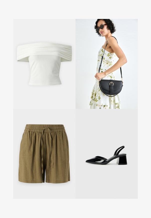 Balta blūze ar atvērtām plecu daļām un plēktām, strukturētām kakla izgriezumiem, kā arī pieguļošu modeli. Izgatavota no mīksta auduma ar gludu tekstūru.; Olīvu zaļas bikses ar elastīgu jostu un rāvējslēdzēju, izgatavotas no viegla auduma, ar brīvu, vaļīgu piegriezumu.; Melna lakota āda ar atvērto papēdi, ar smailu purngalu un ģeometrisku blokpapēdi. Iezīmējas elegants, minimāls dizains un gluda tekstūra.; Melnas ādas rokassoma ar izliekta formu, noņemamu siksnu un zelta aksesuāriem. Somai ir vāciņš ar sprādzes detaļu.