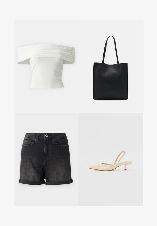 Haut blanc décolleté avec un col structuré plissé et un buste ajusté. Fabriqué en tissu doux avec une texture lisse.; Shorts en denim noir avec un ourlet roulé, un design à cinq poches et une fermeture à bouton à l'avant. Le tissu a une finition légèrement délavée.; Escarpins slingback en cuir verni beige avec un bout pointu et un talon carré fin. Texture lisse et design minimaliste sans ornement.; Sac fourre-tout en cuir noir avec une texture lisse, de forme rectangulaire et deux longues poignées. Pas de matériel ou d'ornementations visibles.