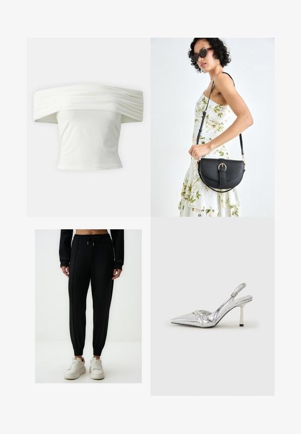 Off-the-shoulder witte top met geplooide, gestructureerde halslijn en aansluitende lijfje. Gemaakt van zachte stof met een gladde textuur.; Zwarte sportieve joggers met een geraffineerde tailleband, trekkoord, elastische boorden en dubbele zijpanelen, gemaakt van een gladde, rekbare stof.; Zilveren slingback hoge hak schoen met een spitse neus, metalen afwerking, twee decoratieve banden en een slanke hak met een zwarte punt.; Zwarte leren handtas met een gebogen vorm, afneembare schouderband en gouden hardware. De tas heeft een klep met een gespsluiting.
