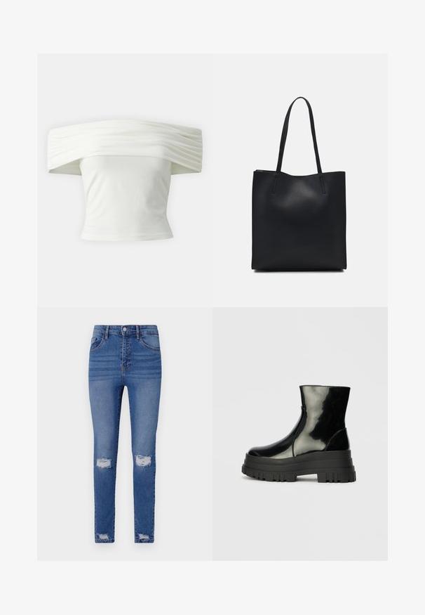 Balta blūze ar atvērtām plecu daļām un plēktām, strukturētām kakla izgriezumiem, kā arī pieguļošu modeli. Izgatavota no mīksta auduma ar gludu tekstūru.; Tievās zila džinsa bikses ar izbalējušu apdari, kurām ir divi ceļa plēstuši, pieci kabatas, pogas aizdare un jostas cilpas. Audums no kokvilnas maisījuma.; Melnas spīdīgas potītes zābaki ar biezu zoli un noapaļotu purngalu, sānu skats uz vienkārša gaiši pelēka fona.; Melnas ādas somiņa ar gludu tekstūru, taisnstūra formu un divām garām rokturiem. Nav redzamu aparatūras vai rotājumu.