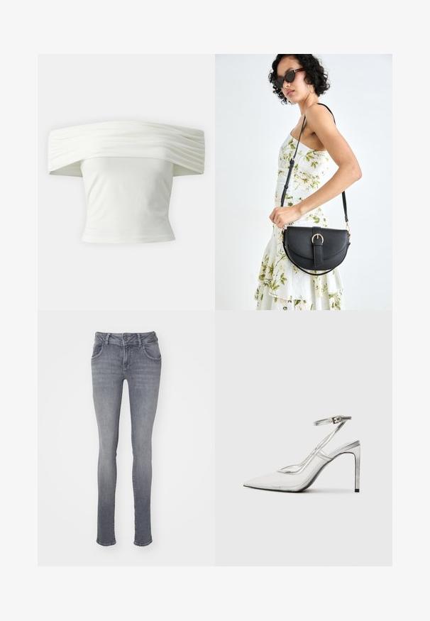 Off-shoulder vit topp med plisserad, strukturerad halsringning och åtsittande midja. Tillverkad av mjukt tyg med en slät yta.; Grå denimjeans med slim fit, femfickorsdesign och knäppning. Har subtila blekningar och en klassisk rak benform.; Genomskinlig stilettklackssko med spetsig tå, transparent material, metalliska silverdetaljer och justerbar ankelrem.; Svart läderhandväska med en böjd form, avtagbar rem och guldiga detaljer. Väskan har ett lock med en spänndetalj.