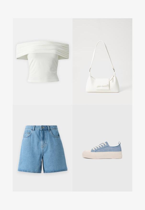 Off-the-shoulder white top with pleated, structured neckline and fitted bodice. Made from soft fabric with a smooth texture.; Light blue denim shorts with a high waist, two front pockets, and a button closure. The fabric has a smooth texture with subtle fading.; Light blue canvas sneakers with a cream rubber toe cap and outsole, featuring white laces and a pull tab on the heel.; White synthetic handbag with a triangular shape, flat front flap and bow detail, adjustable strap, smooth texture, and minimalistic design.