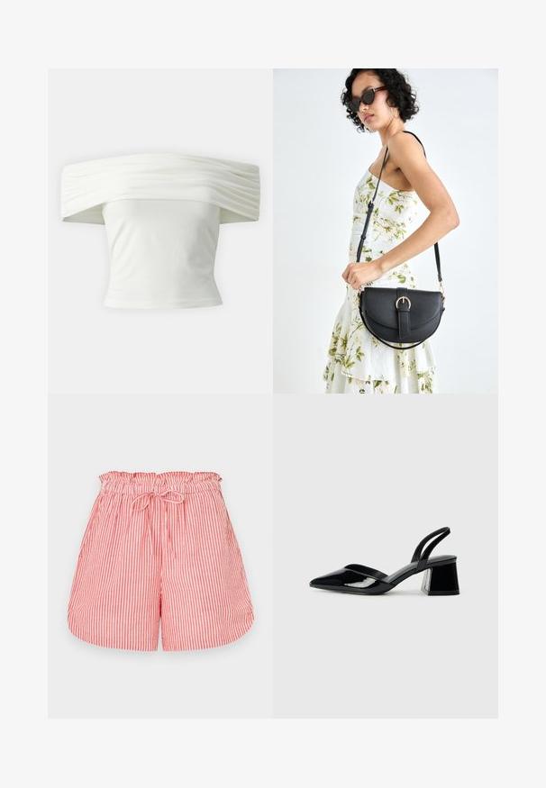 Bela majica s spuštenimi rameni, z nabranim in strukturiranim izrezom ter tesnim pasom. Narejena iz mehkega blaga z gladko teksturo.; Rdeče in bele črtaste hlače s elastičnim pasom in vezalko. Imajo sproščen kroj in gladko teksturo.; Črne lakirane slingback pete s koničastim nosom in geometrijsko blokasto peto. Imajo eleganten, minimalističen dizajn in gladko teksturo.; Črna usnjena torbica s ukrivljeno obliko, z odstranljivo naramnico in zlatimi dodatki. Torbica ima pokrov s podrobnostmi v obliki zaponke.