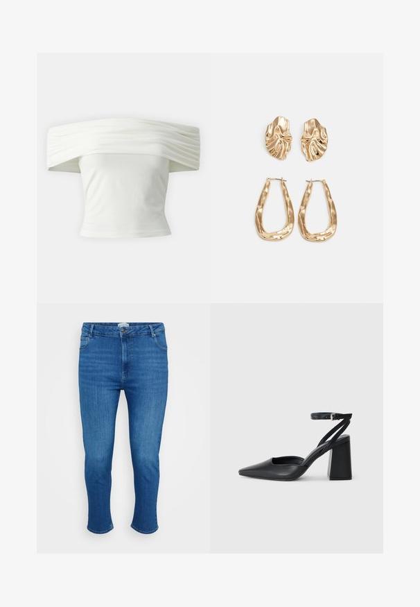 Top branco off-the-shoulder com decote plissado e estruturado e corpete ajustado. Feito de um tecido suave com uma textura lisa.; Calças de ganga azuis de cintura alta, com botão e fecho de correr à frente, cinco bolsos e um corte slim straight-leg.; Sandal com biqueira afilada em couro preto, com cinta no tornozelo e salto grosso. Textura lisa, design elegante e estética minimalista.; Brincos em tom de ouro com formas onduladas e texturizadas. Inclui studs escultóricos com presilha e um design de argola aberta com um acabamento martelado.