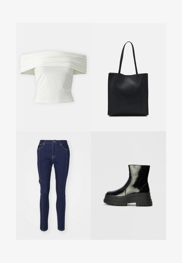 Top branco off-the-shoulder com decote plissado e estruturado e corpete ajustado. Feito de um tecido suave com uma textura lisa.; Jeans de ganga azul escuro com um corte slim, apresentando um design clássico de cinco bolsos e costuras laranja em contraste. Sem padrões ou detalhes notáveis.; Bota de tornozelo preta e brilhante com sola grossa e arredondada, vista lateral sobre fundo cinza claro.; Bolsa tote preta em couro com textura lisa, forma retangular e duas alças longas. Sem hardware ou enfeites visíveis.