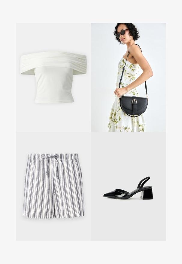Haut blanc décolleté avec un col structuré plissé et un buste ajusté. Fabriqué en tissu doux avec une texture lisse.; Shorts rayés blancs et navy, avec une taille à cordon, une coupe décontractée et un tissu doux et léger. Texture lisse et design décontracté.; Escarpins en cuir verni noir avec bout pointu et talon bloc géométrique. Présente un design élégant et minimaliste ainsi qu'une texture lisse.; Sac à main en cuir noir avec une forme courbée, bandoulière amovible et des accessoires en or. Le sac est doté d'un rabat avec un détail de boucle.