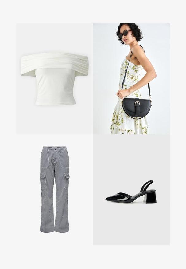 Õlavarrelt avatud valge topp, millel on volditud, struktureeritud kaelus ja istuv bodi. Valmistatud pehmest kangast, millel on sile tekstuur.; Puuvilla seguga cargo püksid vertikaalsete siniste ja valgete triipudega. Omavad kahte esist taskut ja kahte külgtaskut. Lõdva lõikega.; Mustad musta lakknahk kingad, millel on terav varvas ja geomeetriline plokkkonts. Omab elegantselt minimalistlikku disaini ja sujuvat tekstuuri.; Mustmust mustraha kõverate joontega, eemaldatava rihmaga ja kuldsete detailidega. Kotil on klapp, millel on pandladetail.